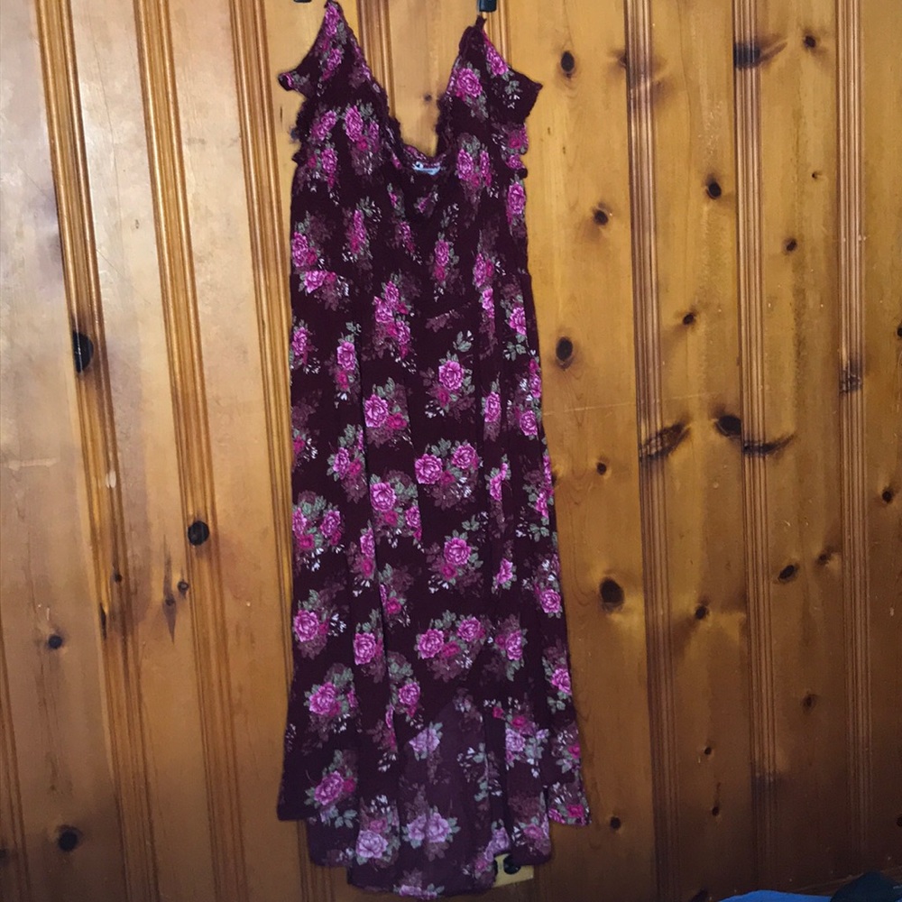 Maroon floral waterfall dress with front slit